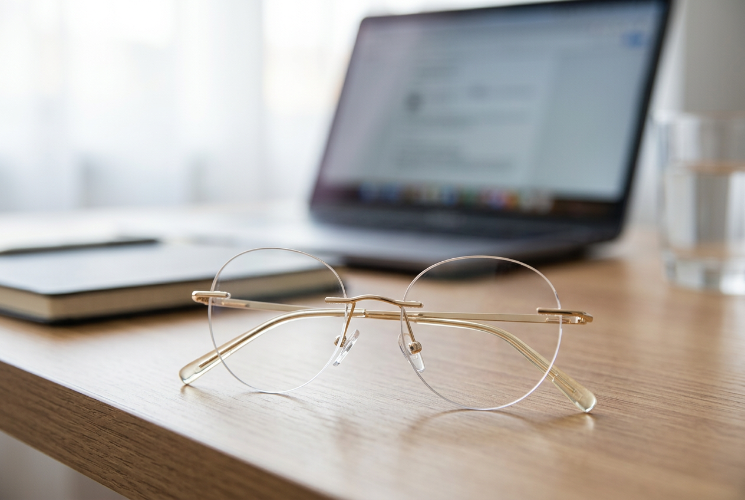 Rimless gold-frame Blue Ray Blocking Glasses resting on a wooden desk beside a laptop and notebook.