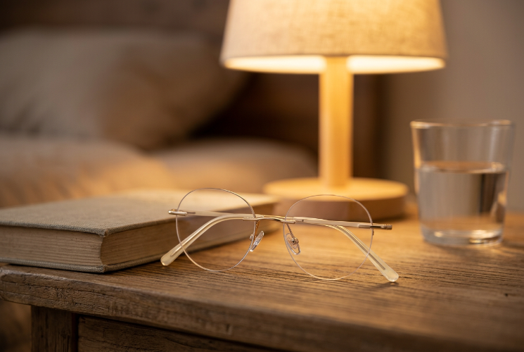 Blue Ray Blocking Glasses resting on a bedside table next to a book, a warm lamp and a glass of water.